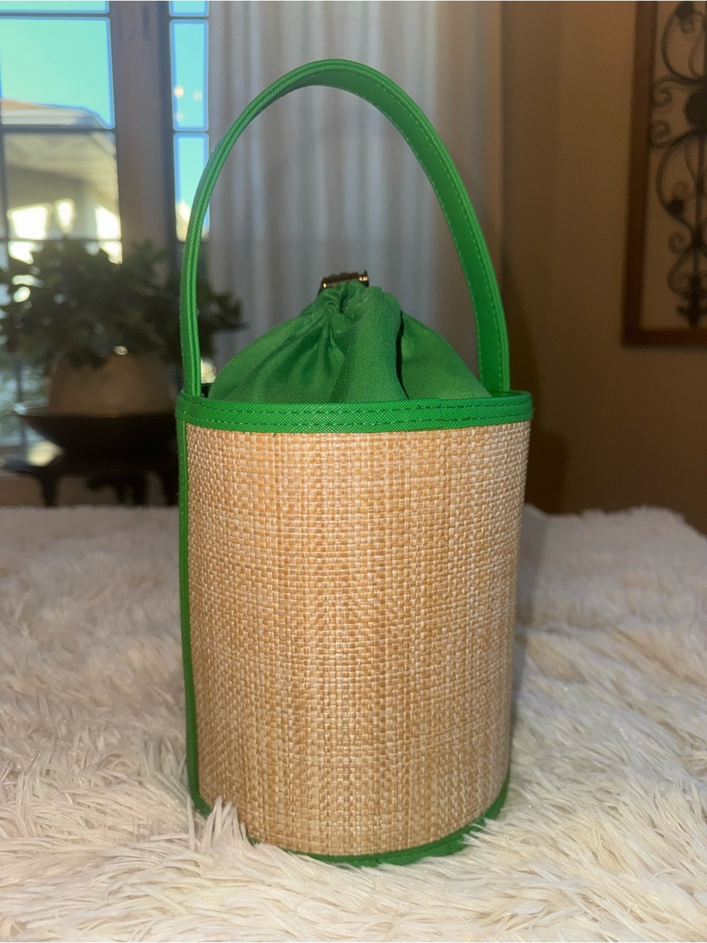 Green Trim Straw Mini Bucket Bag with Drawstring - Picture 2 of 5